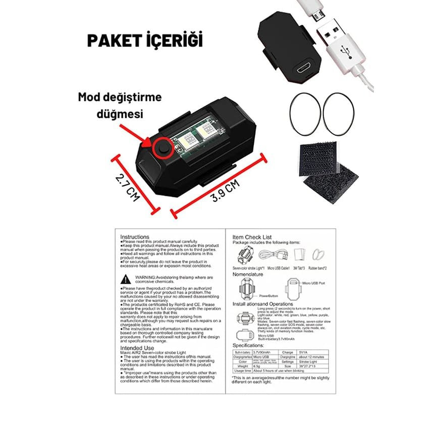 Şarjlı Mini Led Işık/motor Çakar Led/drone Işığı/anti Çarpışma Uyarı Işığı